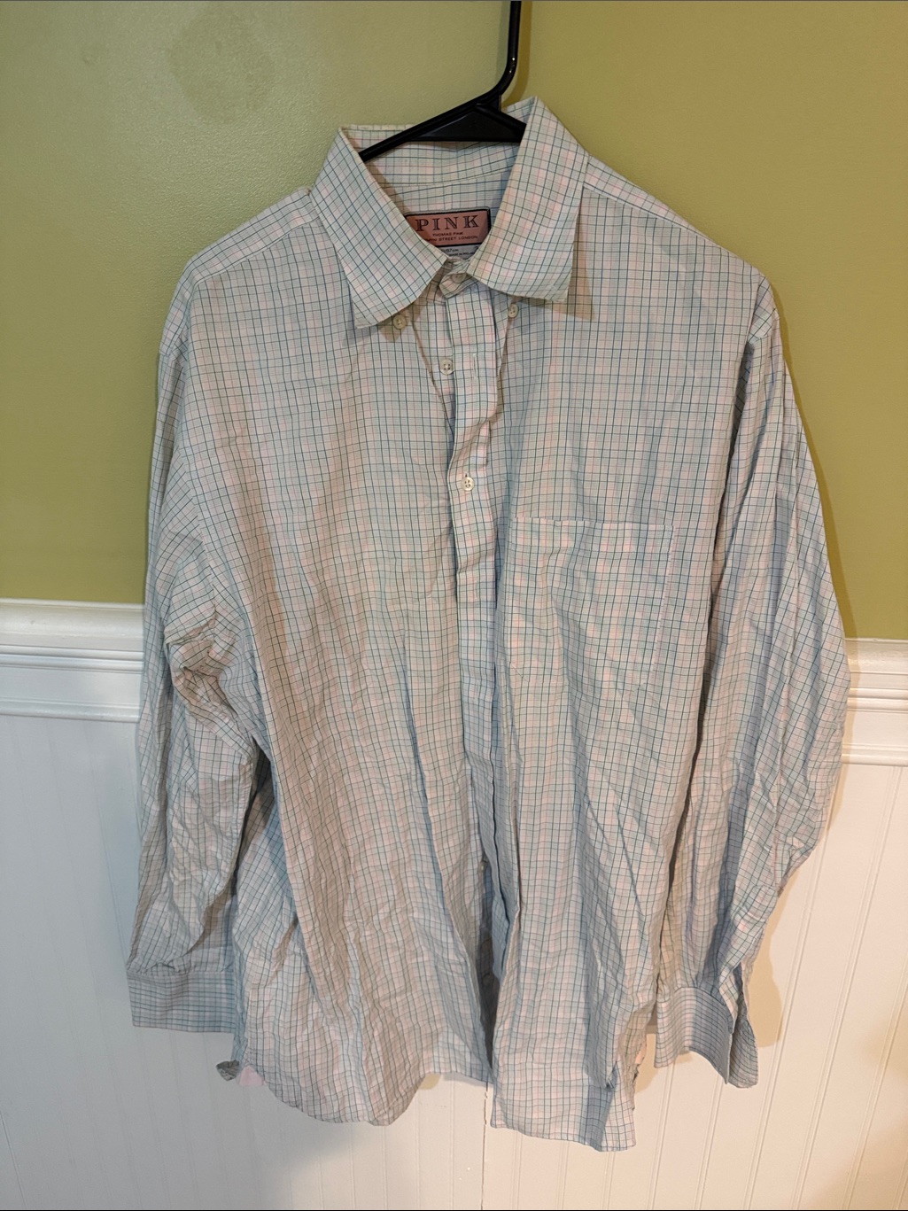 Men's Size 16 Thomas Pink Light Blue And White Plaid Button-Up Shirt
